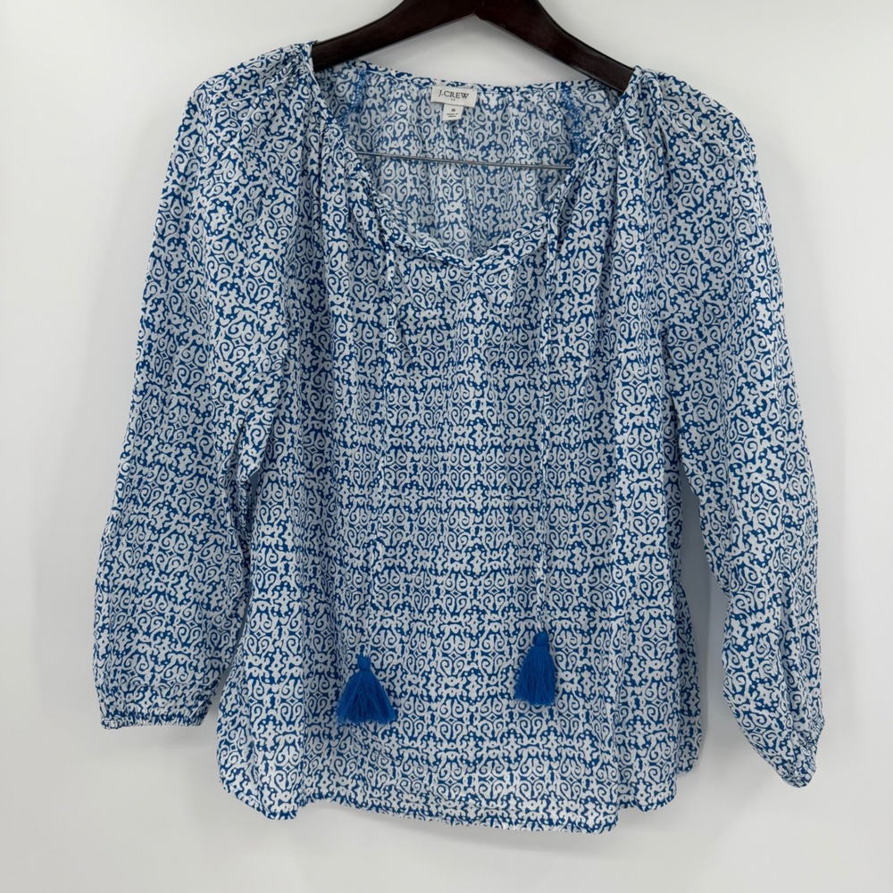 J.Crew Blue White Geometric Tassel Tie Peasant Blouse 100% Cotton Small